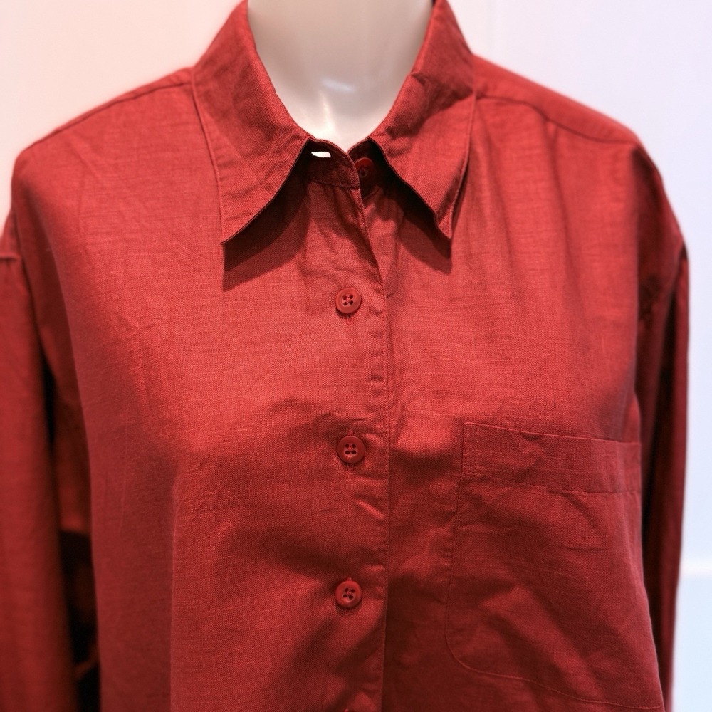 VTG Field Gear Red Linen Blend Button Up Shirt Women's XL Coastal Minimalist